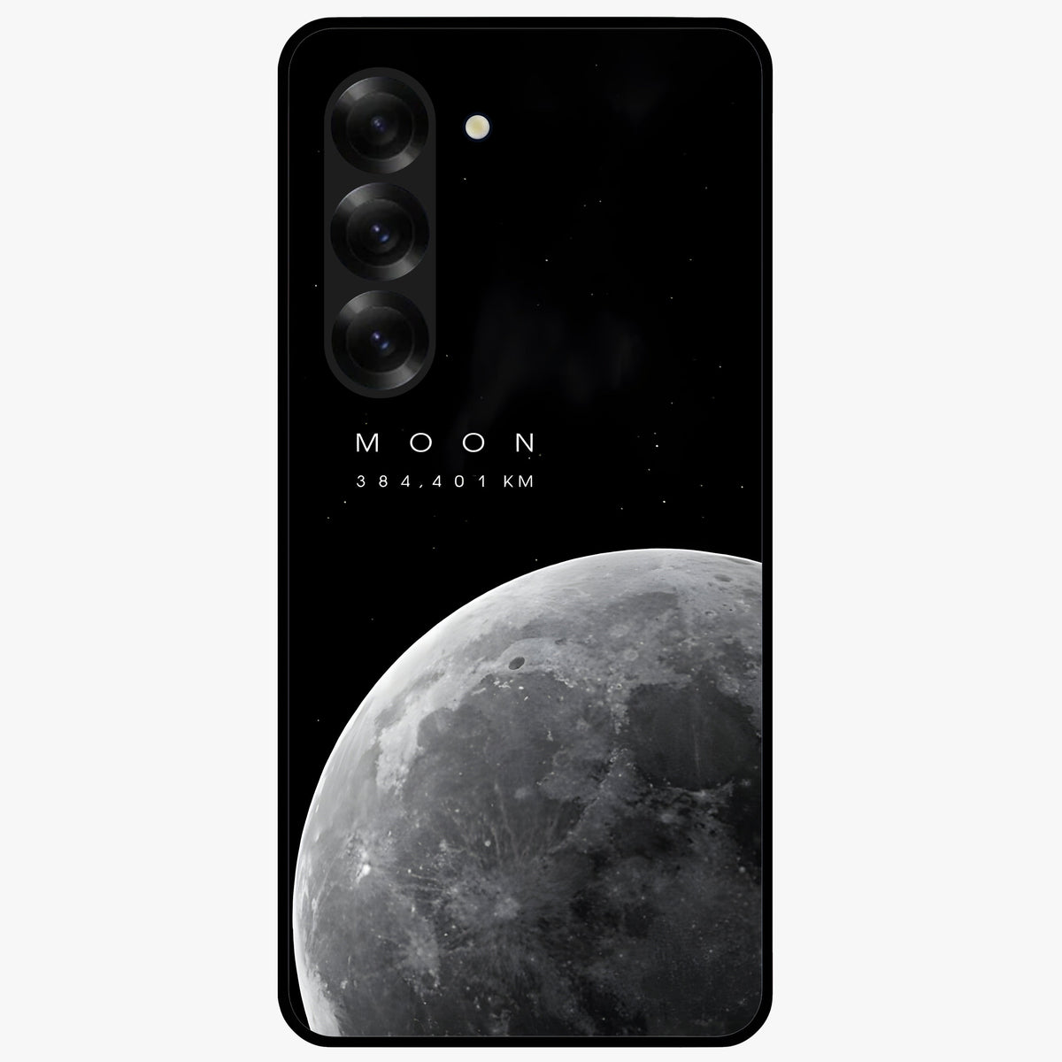 Cosmic Moon Glow Glass Case showing flat back view with glowing moon artwork and glossy glass finish.