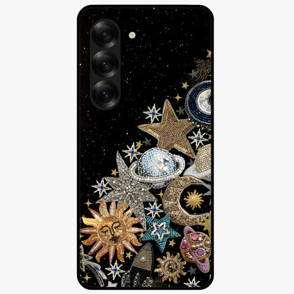 Cosmic Sparkle Dreams Glass Case showing flat back view with sparkling cosmic artwork and glossy glass finish.