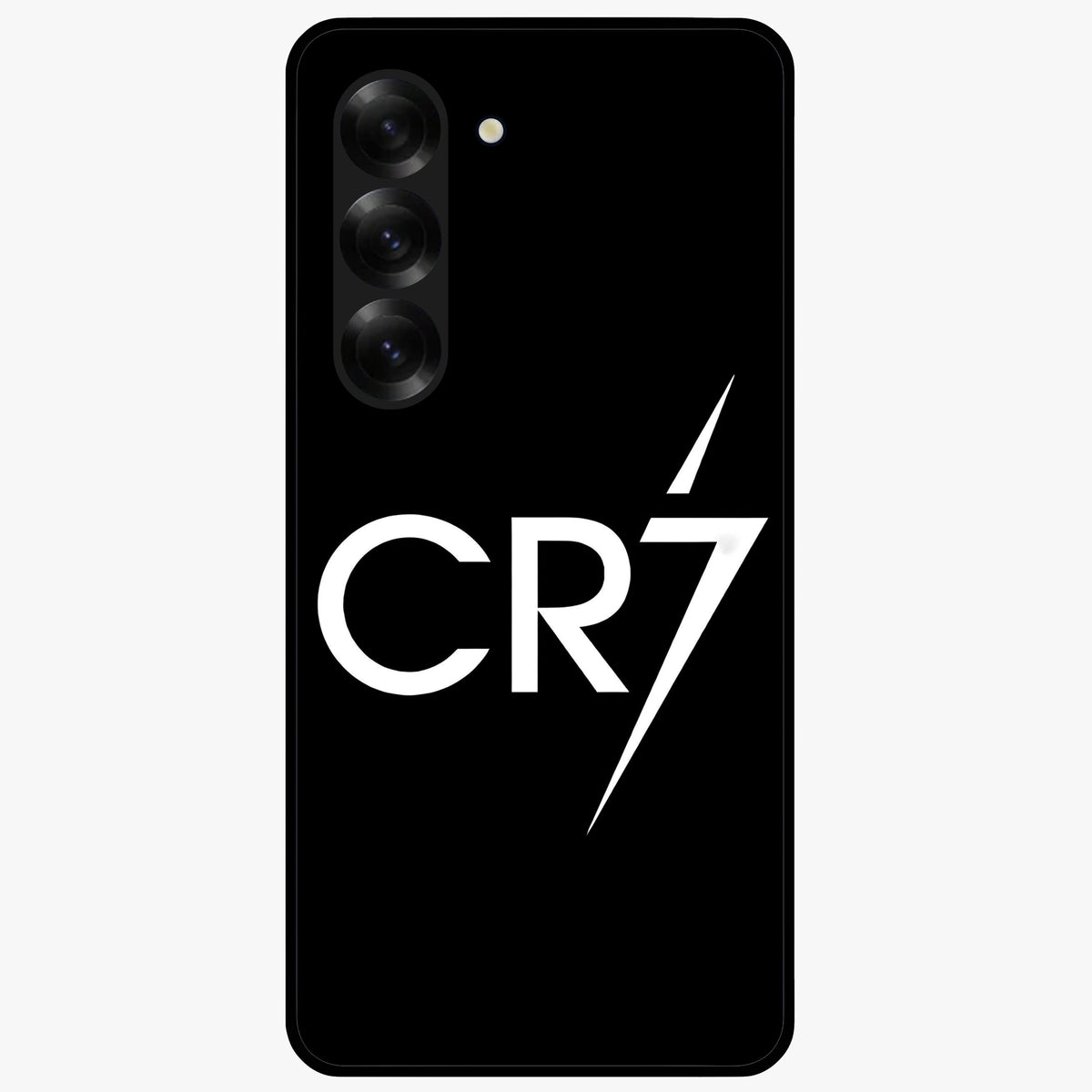 Cr7 Elite Strike Glass Case showing flat back view with dynamic football inspired artwork and glossy glass finish.