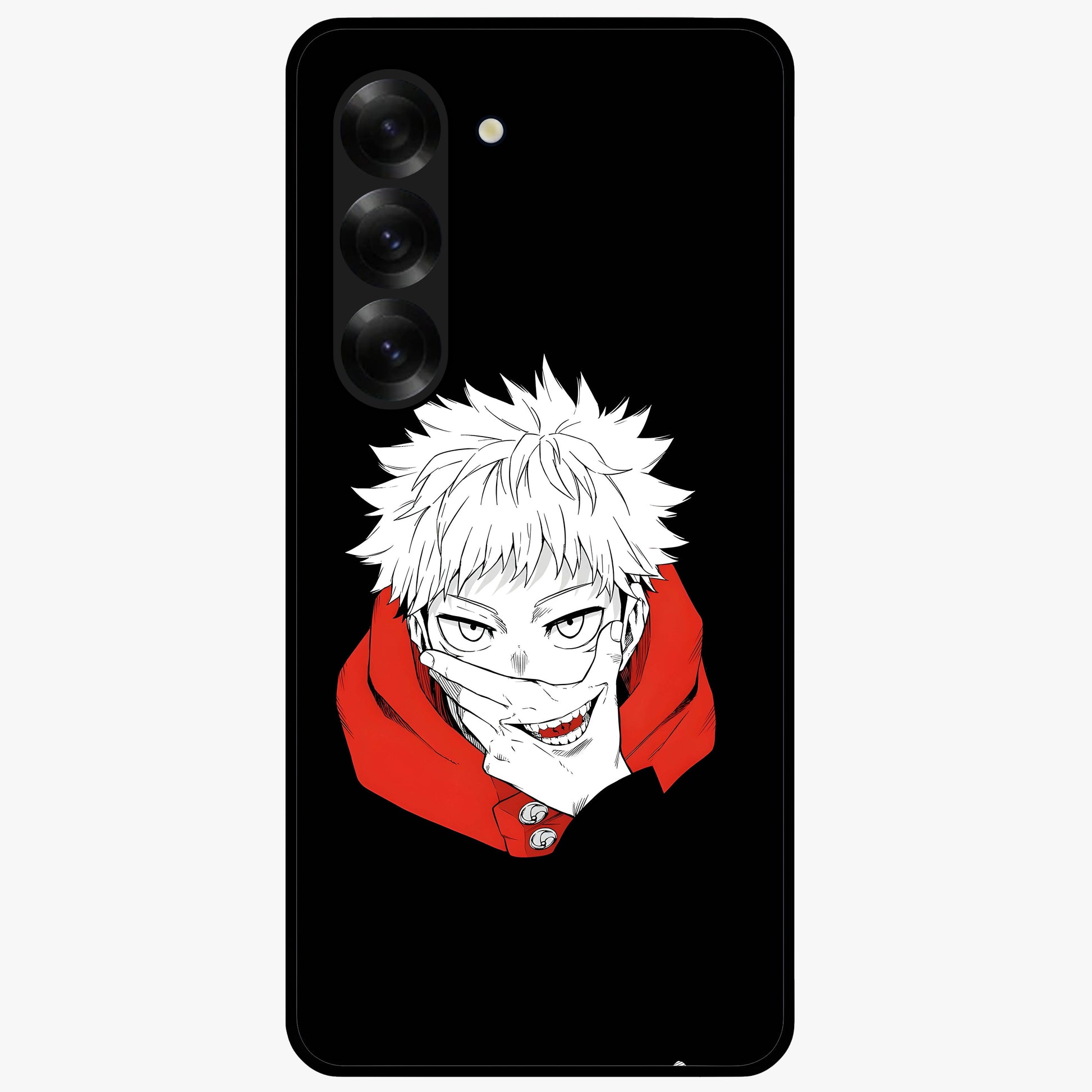 Crimson Chaos Smile Glass Case showing flat back view with bold chaotic smile artwork and glossy glass finish.