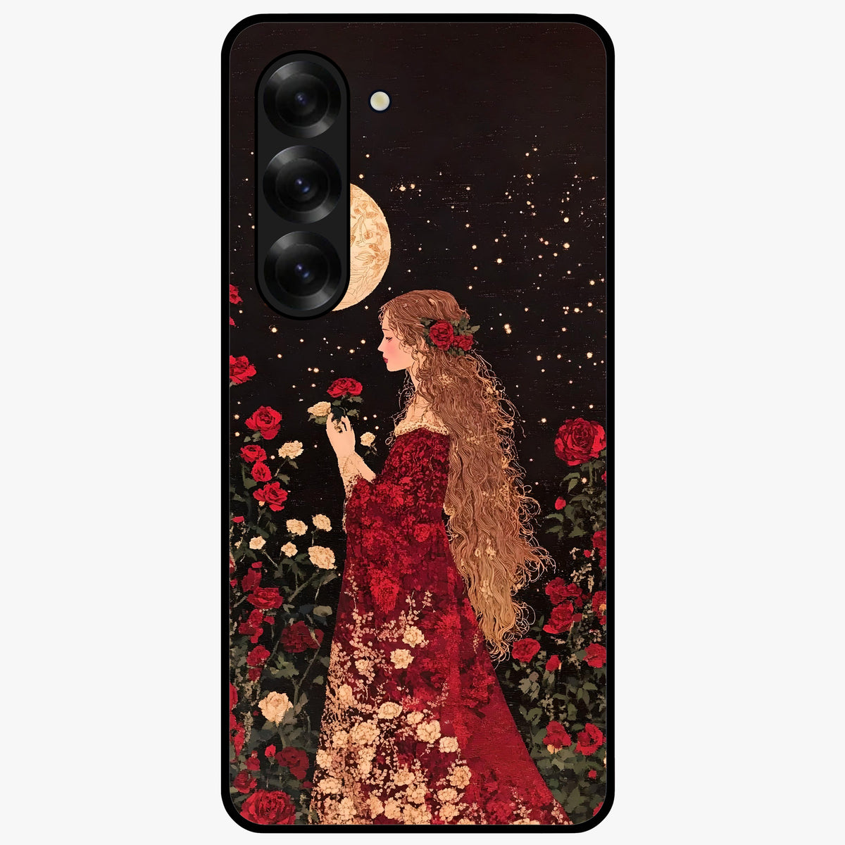 Crimson Dreams Glass Case showing flat back view with dreamy crimson artwork and glossy glass finish.