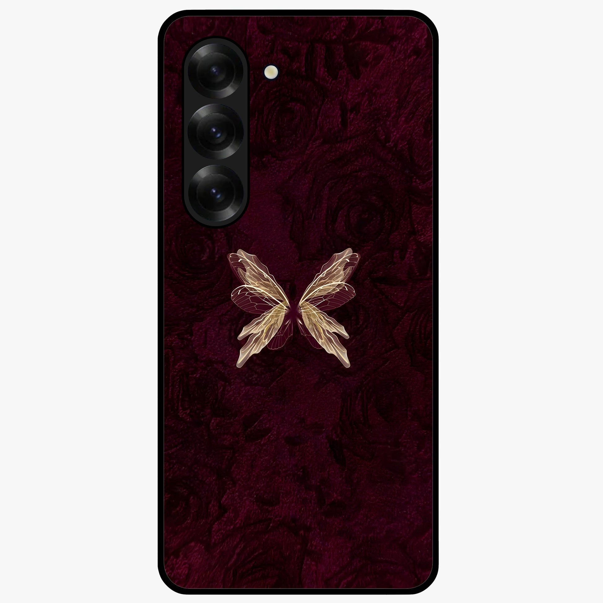 Crimson Fade Butterfly Glass Case showing flat back view with fading butterfly artwork and glossy glass finish.