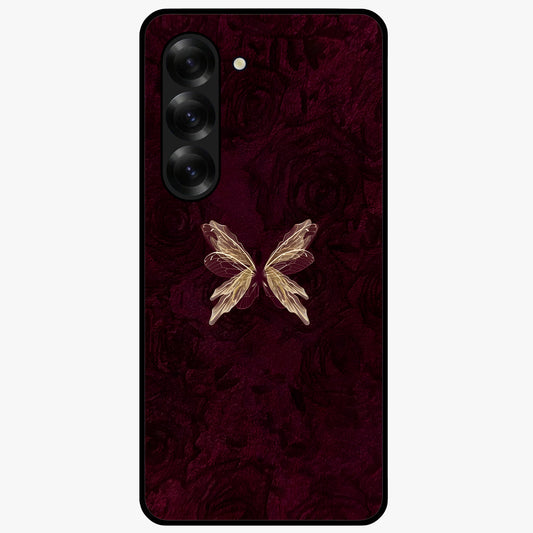 Crimson Fade Butterfly Glass Case showing flat back view with fading butterfly artwork and glossy glass finish.