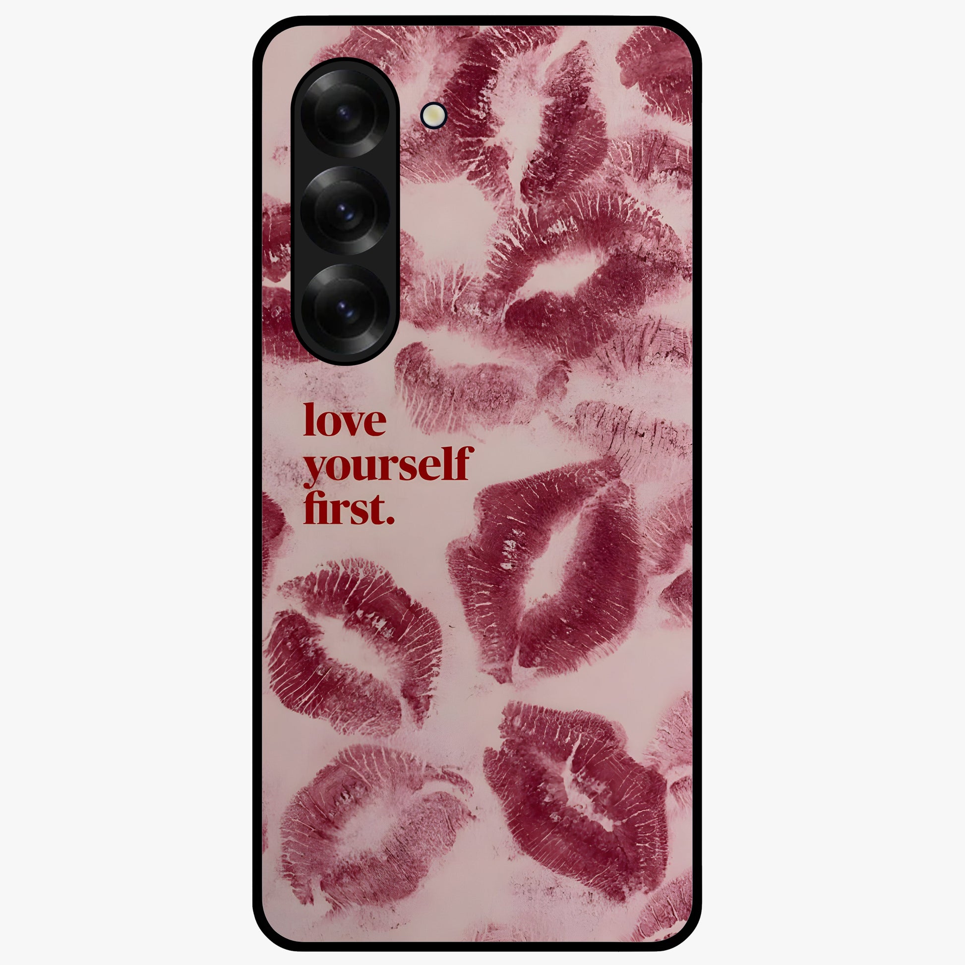 Crimson Kiss Love Glass Case showing flat back view with romantic crimson themed artwork and glossy glass finish.