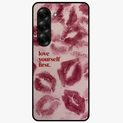 Crimson Kiss Love Glass Case showing flat back view with romantic crimson themed artwork and glossy glass finish.