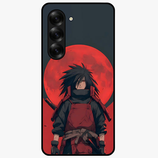 Crimson Moon Warlord Glass Case showing flat back view with mystical moon warrior artwork and glossy glass finish.