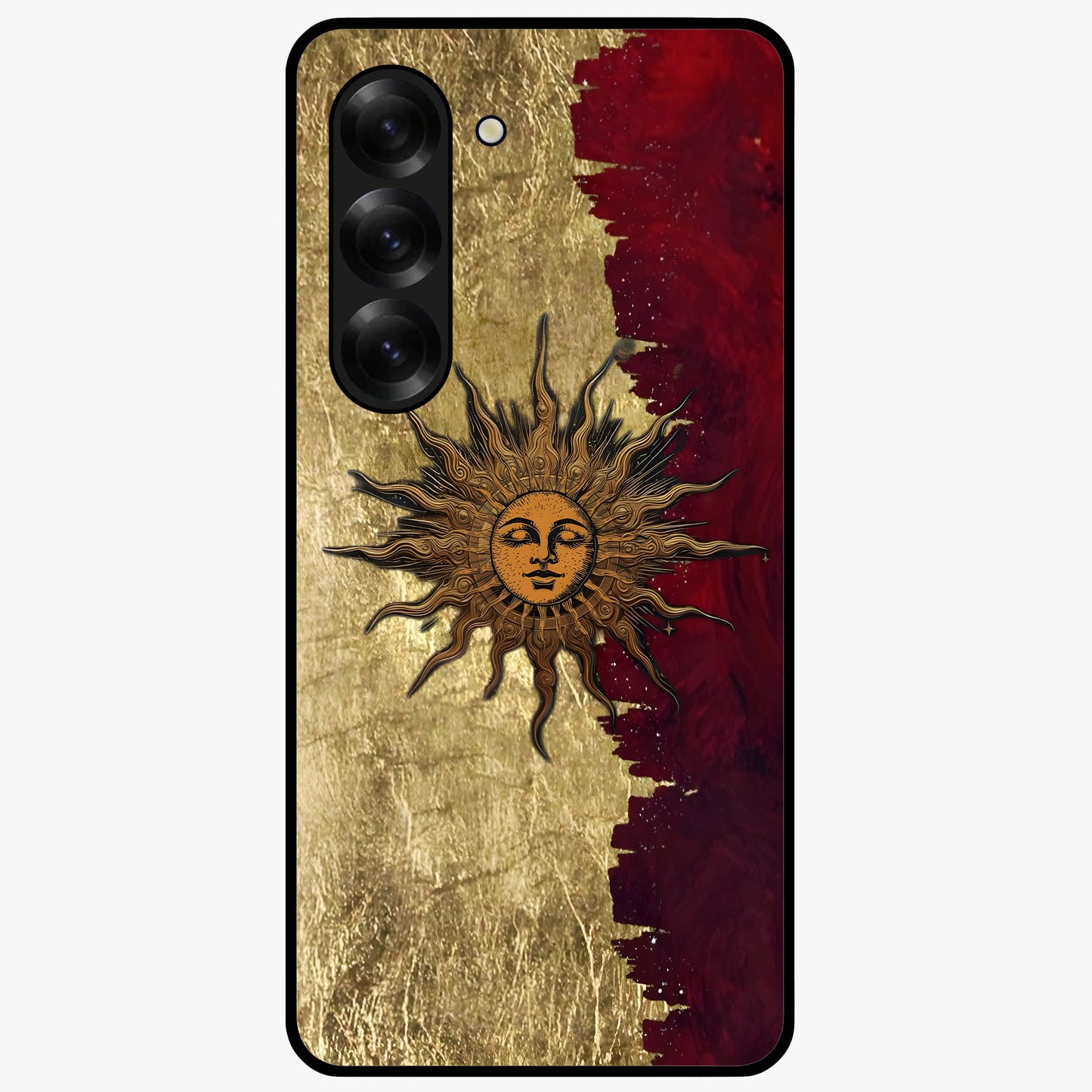 Crimson Sun Majesty Glass Case showing flat back view with radiant sun inspired artwork and glossy glass finish.