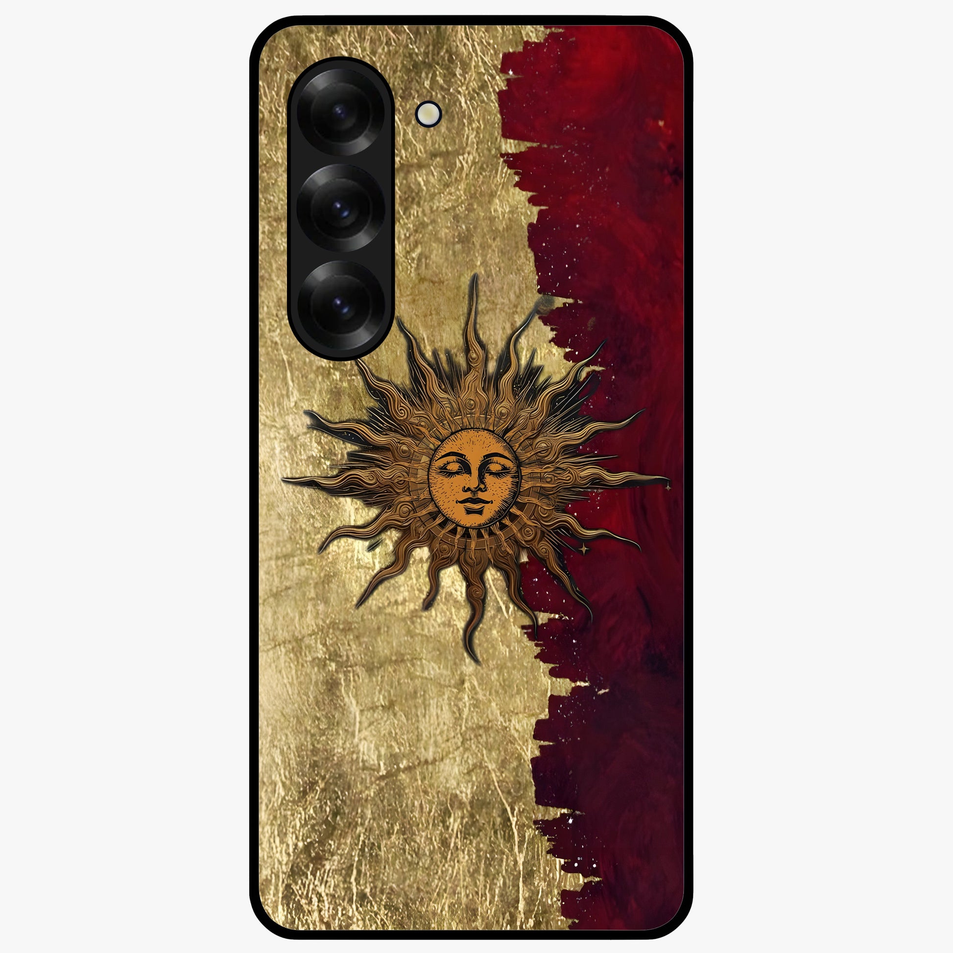 Crimson Sun Majesty Glass Case showing flat back view with radiant sun inspired artwork and glossy glass finish.