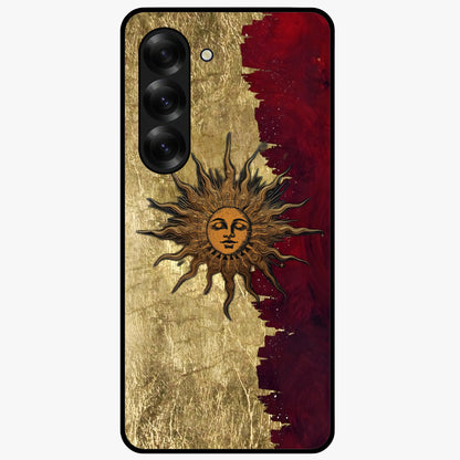 Crimson Sun Majesty Glass Case showing flat back view with radiant sun inspired artwork and glossy glass finish.