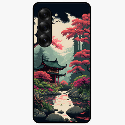 Crimson Temple View Glass Case showing flat back view with temple inspired artwork and glossy glass finish.