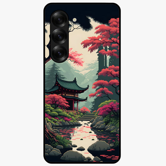 Crimson Temple View Glass Case showing flat back view with temple inspired artwork and glossy glass finish.