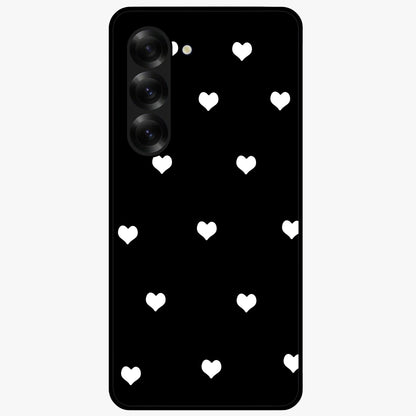 Cute And Simple White Hearts Glass Case showing flat back view with minimal white heart pattern and glossy glass finish.