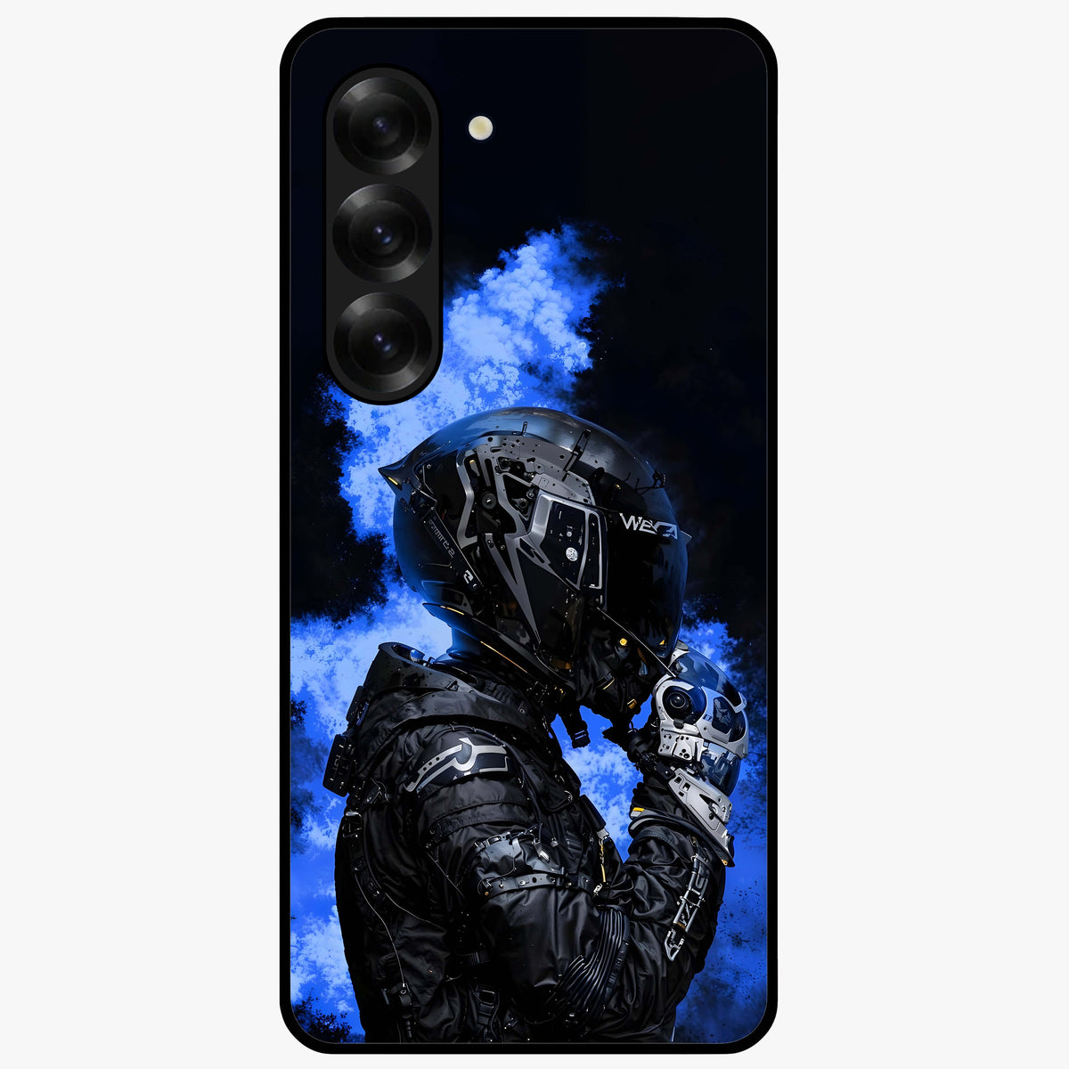 Cyber Sentinel Protocol Glass Case showing flat back view with futuristic cyber themed artwork and glossy glass finish.