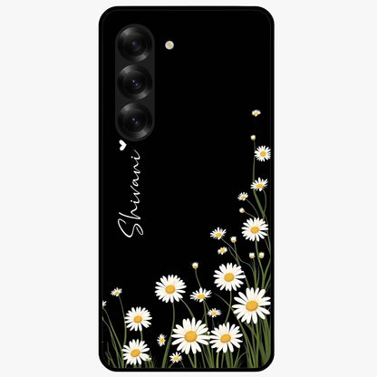 Daisy Cascade Custom Name Glass Case showing flat back view with cascading daisy flowers and personalized name design.