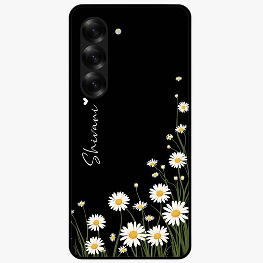 Daisy Cascade Custom Name Glass Case showing flat back view with cascading daisy flowers and personalized name design.