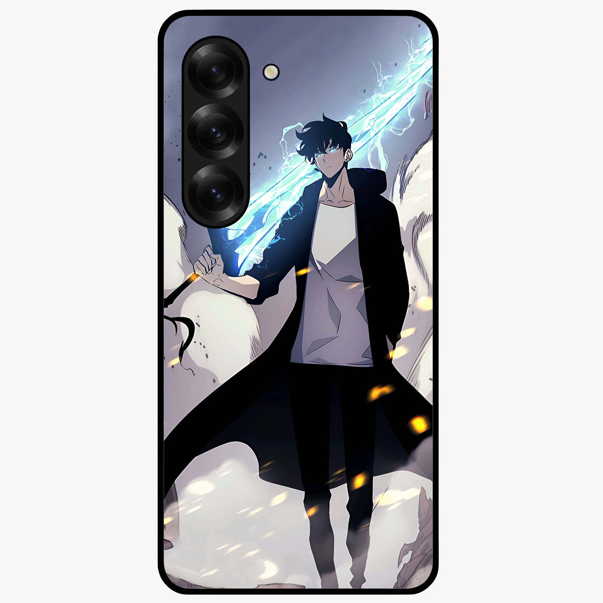 Dark Lightning Anime Warrior Glass Case showing flat back view with intense anime warrior artwork and glossy glass finish.