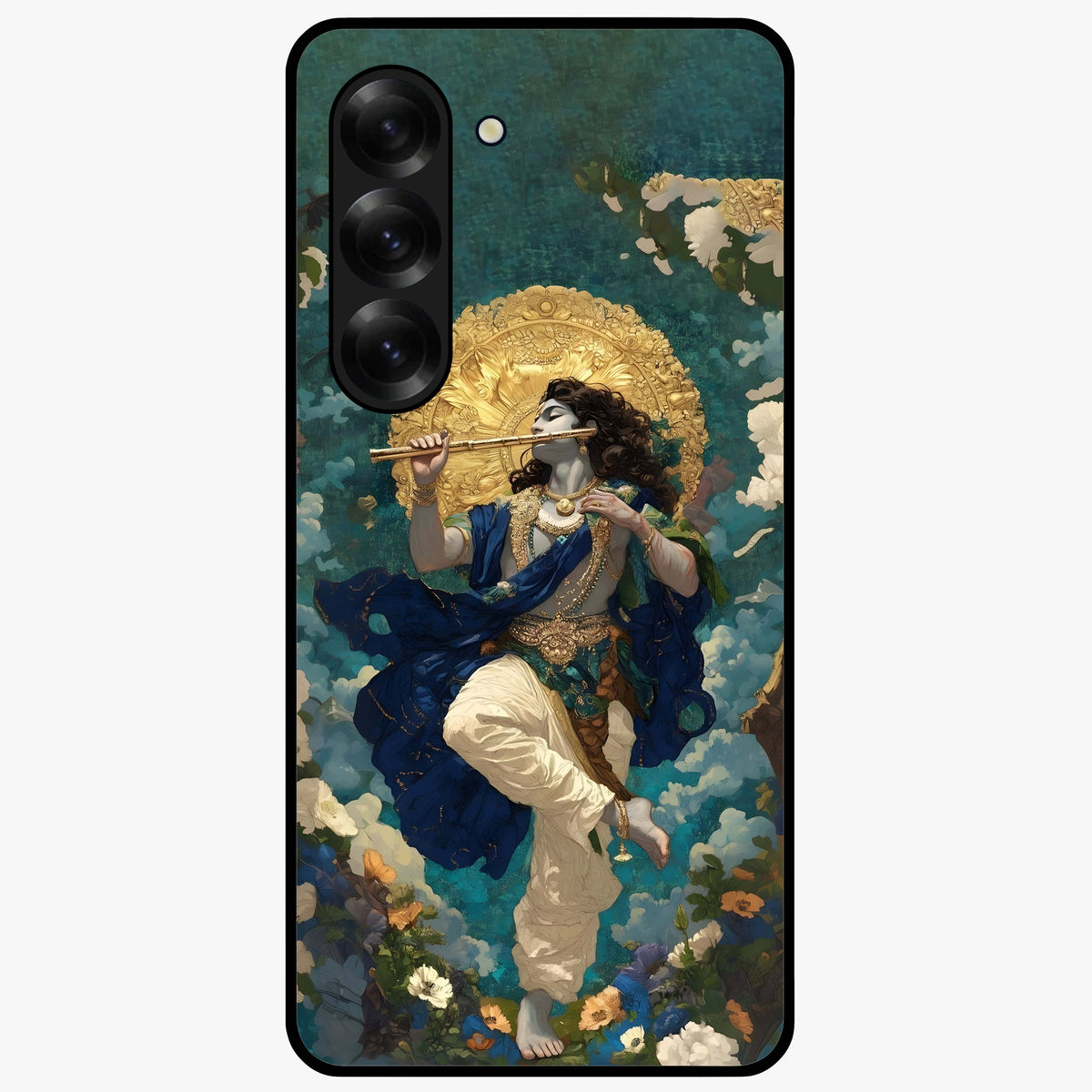 Divine Krishna Art Glass Case showing flat back view with Lord Krishna artwork and glossy glass finish.