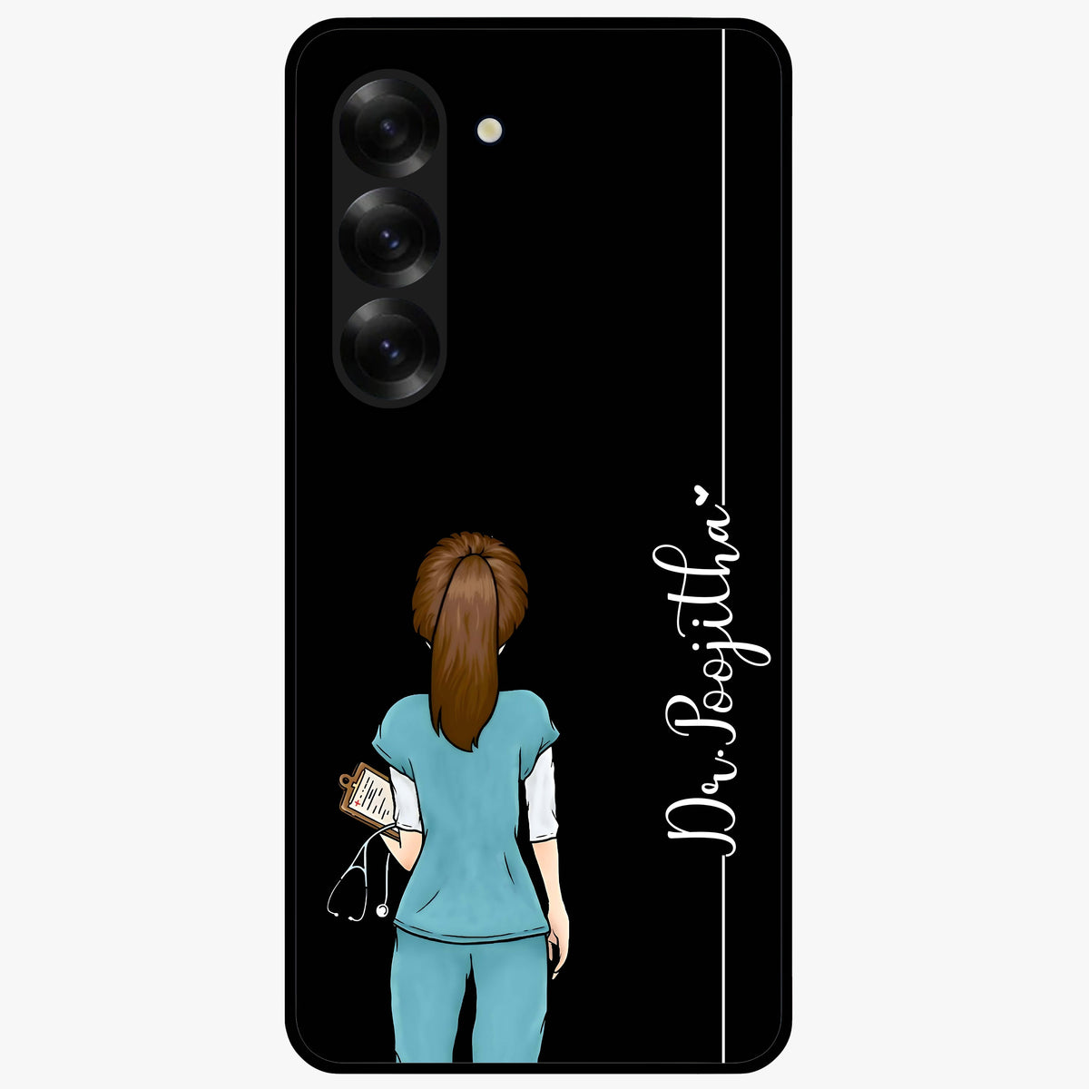 Doctor Pattern Custom Name Glass Case showing flat back view with medical themed pattern and personalized name design.