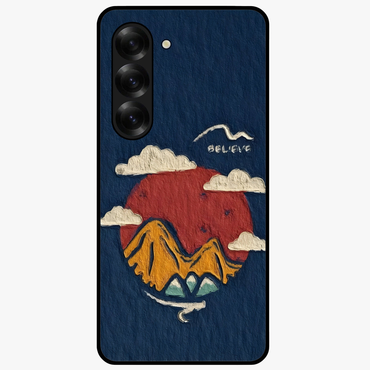 Dream Beyond Mountains Glass Case showing flat back view with scenic mountain landscape artwork and glossy glass finish.