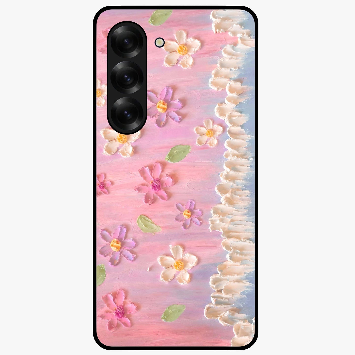 Dreamy Painted Garden Glass Case showing flat back view with artistic painted floral garden artwork and glossy glass finish.