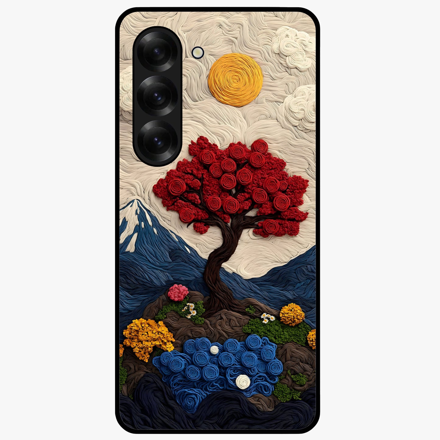 Eternal Nature Tapestry Glass Case showing flat back view with intricate nature tapestry artwork and glossy glass finish.