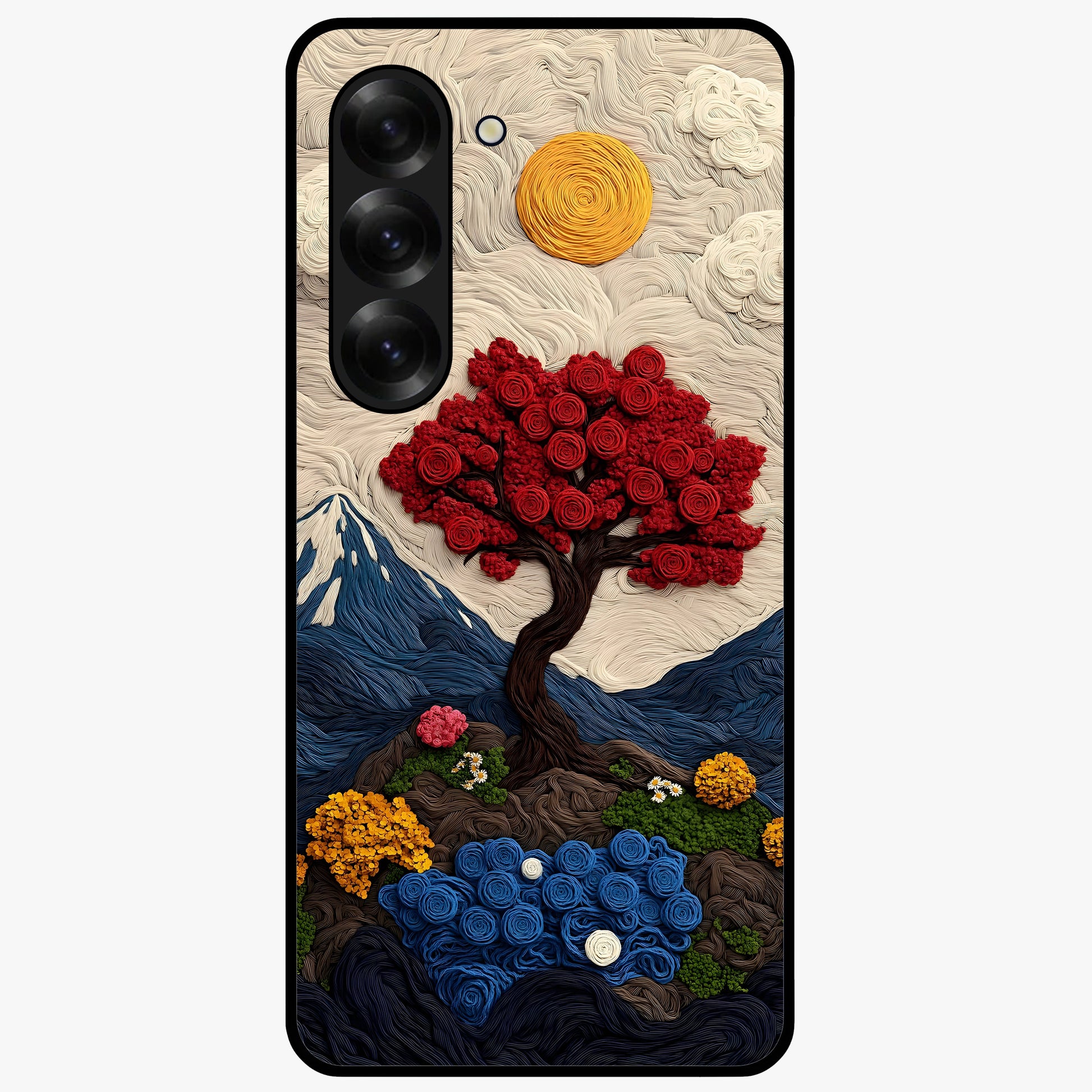 Eternal Nature Tapestry Glass Case showing flat back view with intricate nature tapestry artwork and glossy glass finish.