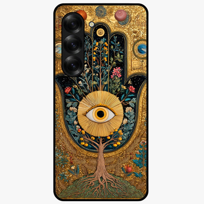 Ethereal Evil Eye Glass Case showing flat back view with mystical evil eye artwork and glossy glass finish.