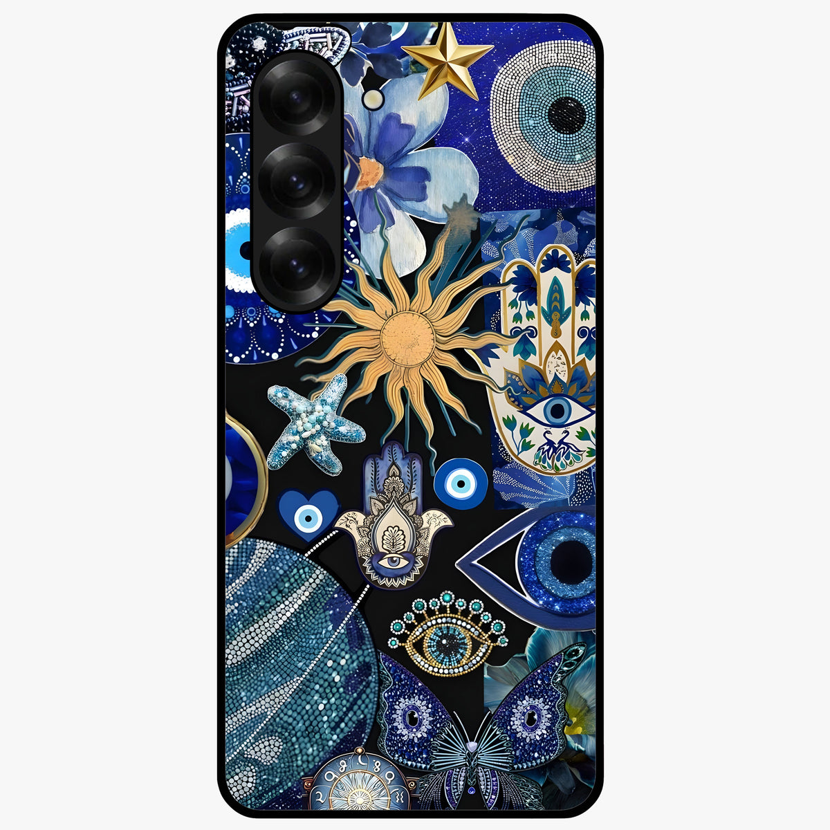 Evil Eye Charm Mix Glass Case showing flat back view with multiple evil eye charms artwork and glossy glass finish.