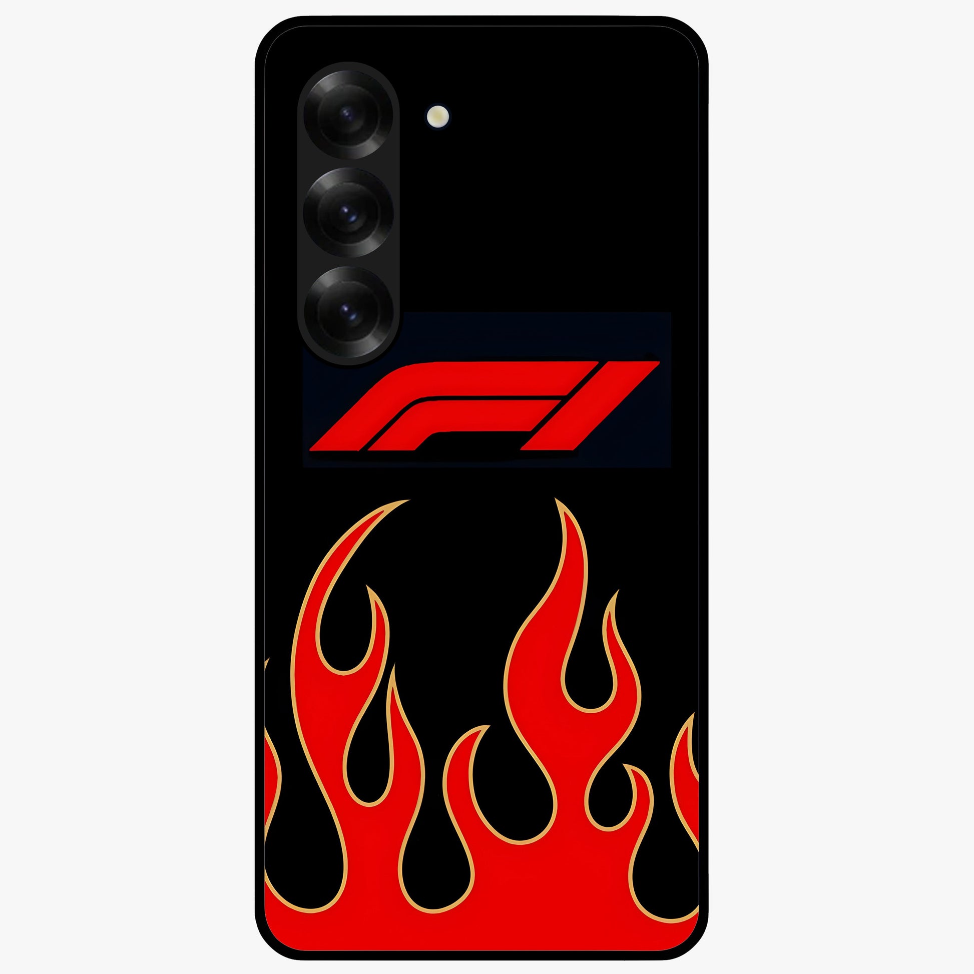 Fire F11 Glass Case showing flat back view with fiery themed artwork and glossy glass finish.