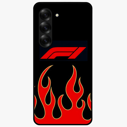 Fire F11 Glass Case showing flat back view with fiery themed artwork and glossy glass finish.