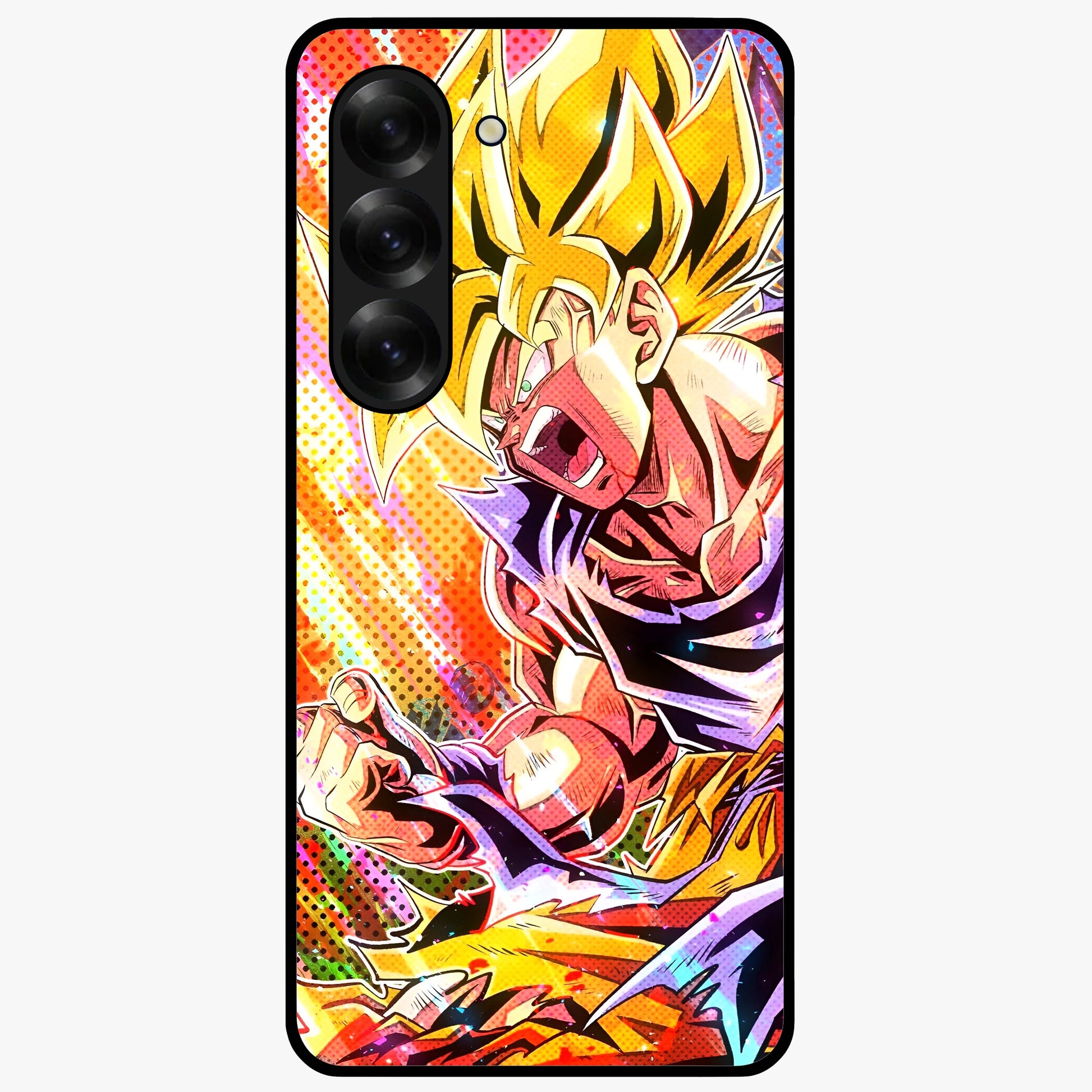 Firing Goku Glass Case showing flat back view with powerful anime inspired artwork and glossy glass finish.