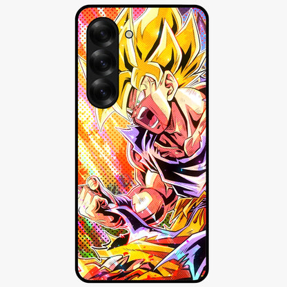 Firing Goku Glass Case showing flat back view with powerful anime inspired artwork and glossy glass finish.