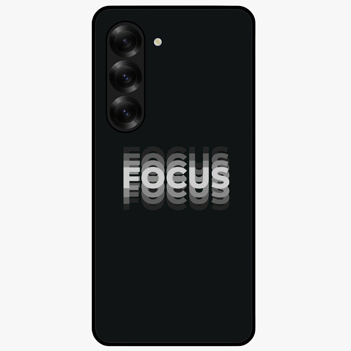 Focus Mode On Glass Case showing flat back view with bold motivational typography design and glossy glass finish.