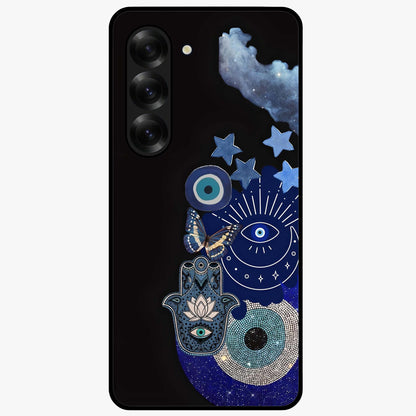 Galactic Charm Cluster Glass Case showing flat back view with glowing celestial charm artwork and glossy glass finish.