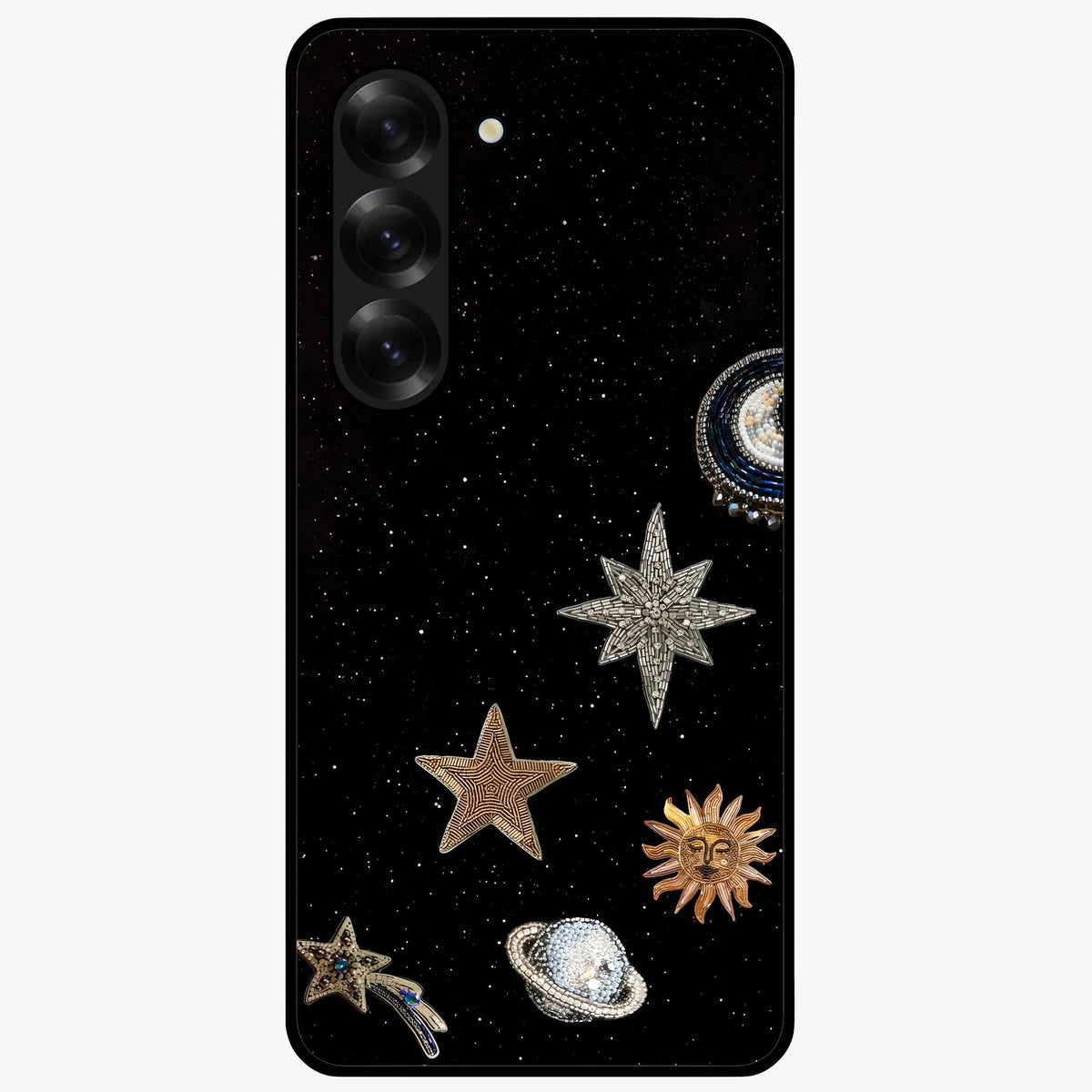 Galactic Charm Glow Glass Case showing flat back view with glowing celestial charm artwork and glossy glass finish.