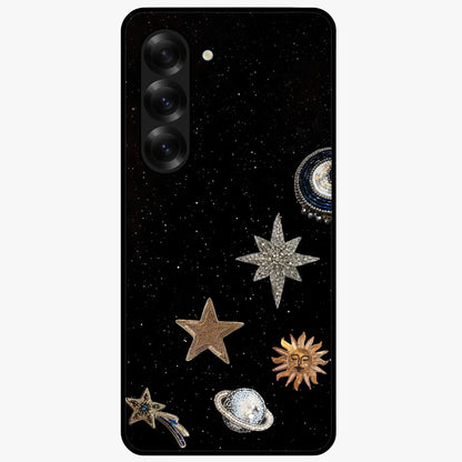Galactic Charm Glow Glass Case showing flat back view with glowing celestial charm artwork and glossy glass finish.