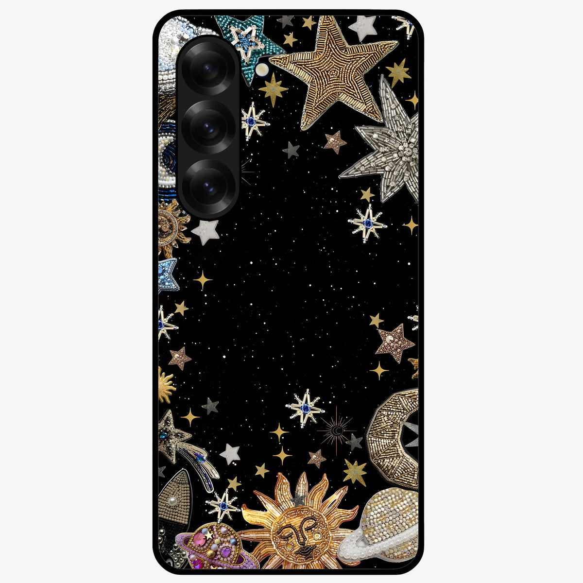 Galactic Jewel Stars Glass Case showing flat back view with sparkling star jewel artwork and glossy glass finish.