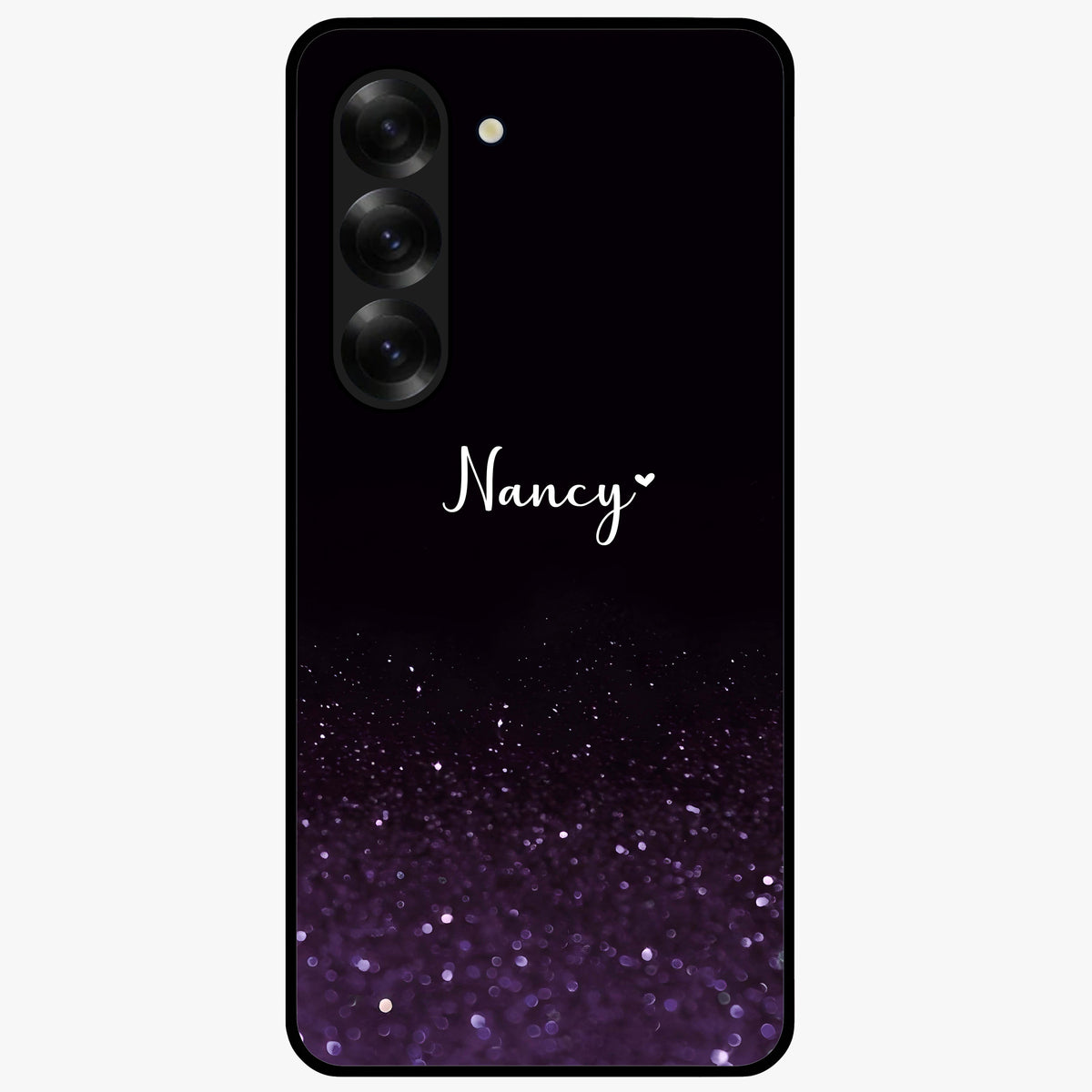 Glittery Purple Bokeh Custom Name Glass Case showing flat back view with purple bokeh sparkle artwork and personalized name design.