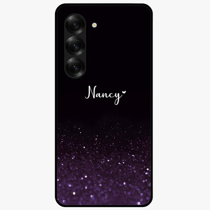 Glittery Purple Bokeh Custom Name Glass Case showing flat back view with purple bokeh sparkle artwork and personalized name design.