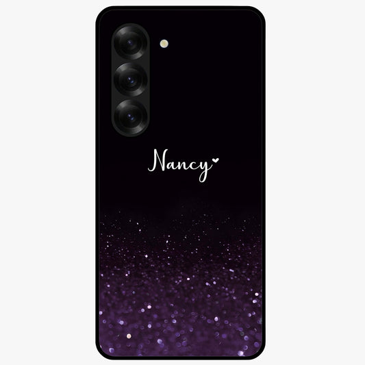 Glittery Purple Bokeh Custom Name Glass Case showing flat back view with purple bokeh sparkle artwork and personalized name design.
