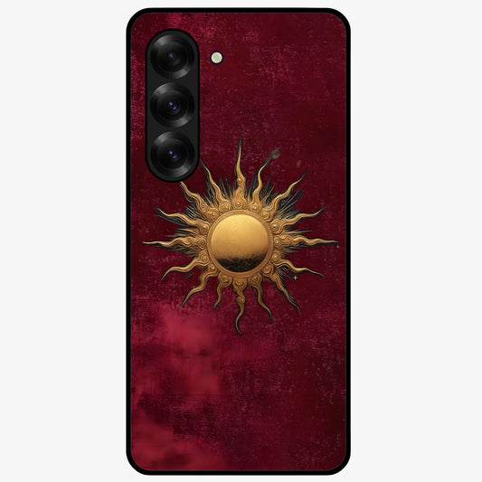 Gold Sun Blush Glass Case showing flat back view with golden sun inspired artwork and glossy glass finish.