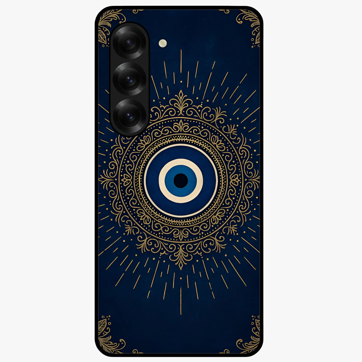 Golden Evil Eye Mandala Glass Case showing flat back view with intricate evil eye mandala artwork and glossy glass finish.