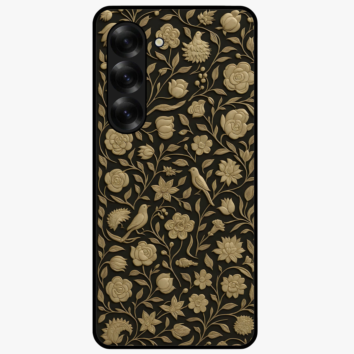 Golden Floral Majesty Glass Case showing flat back view with luxurious golden floral artwork and glossy glass finish.