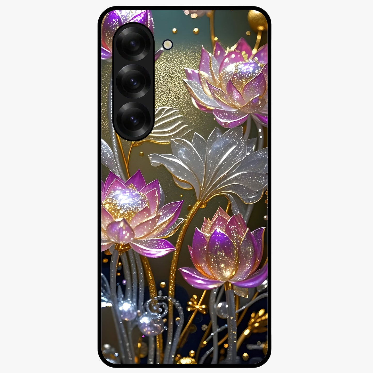 Golden Lotus Glow Glass Case showing flat back view with glowing lotus flower artwork and glossy glass finish.