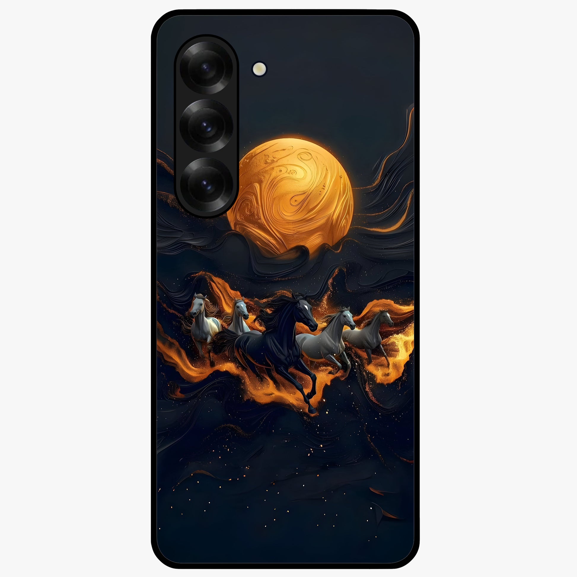 Golden Stallion Moonride Glass Case showing flat back view with majestic horse under moonlight artwork and glossy glass finish.