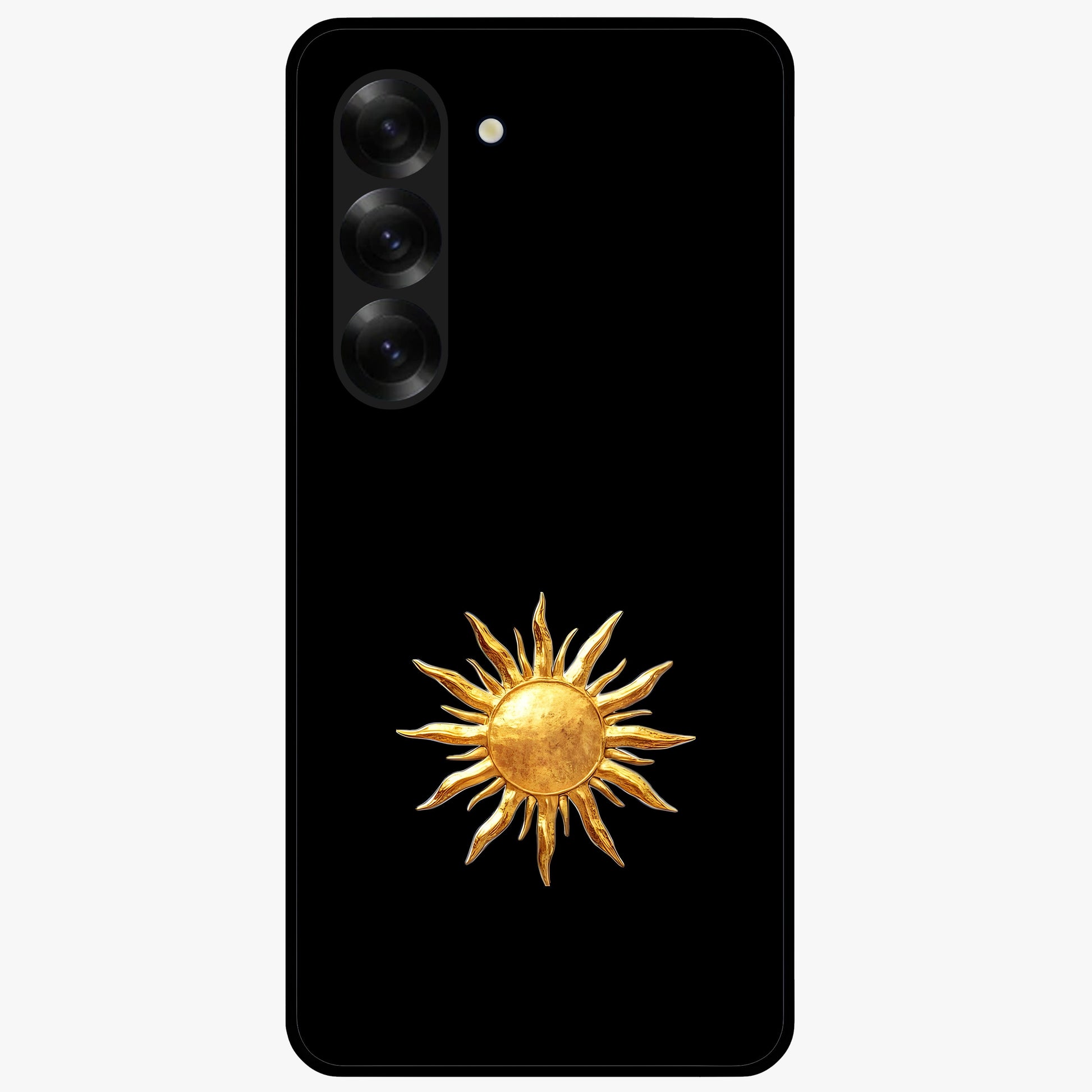 Golden Sun Minimalism Glass Case showing flat back view with minimal golden sun artwork and glossy glass finish.