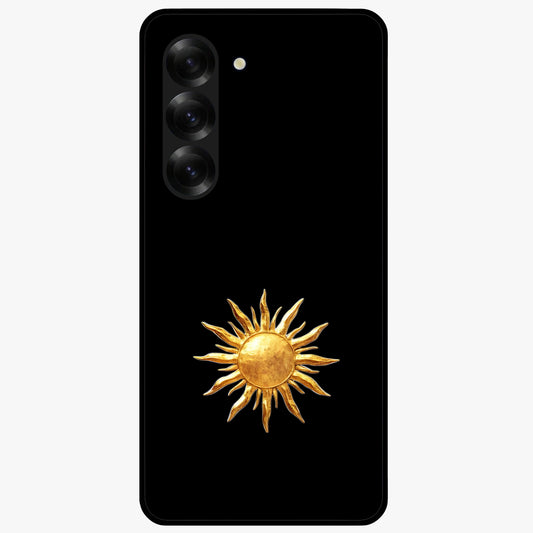 Golden Sun Minimalism Glass Case showing flat back view with minimal golden sun artwork and glossy glass finish.
