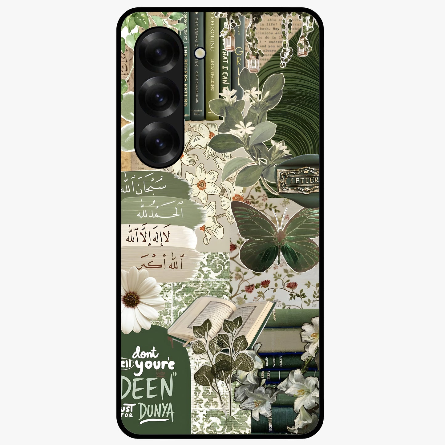 Green Islamic Books Quotes Glass Case showing flat back view with Islamic quotes and book themed artwork and glossy glass finish.