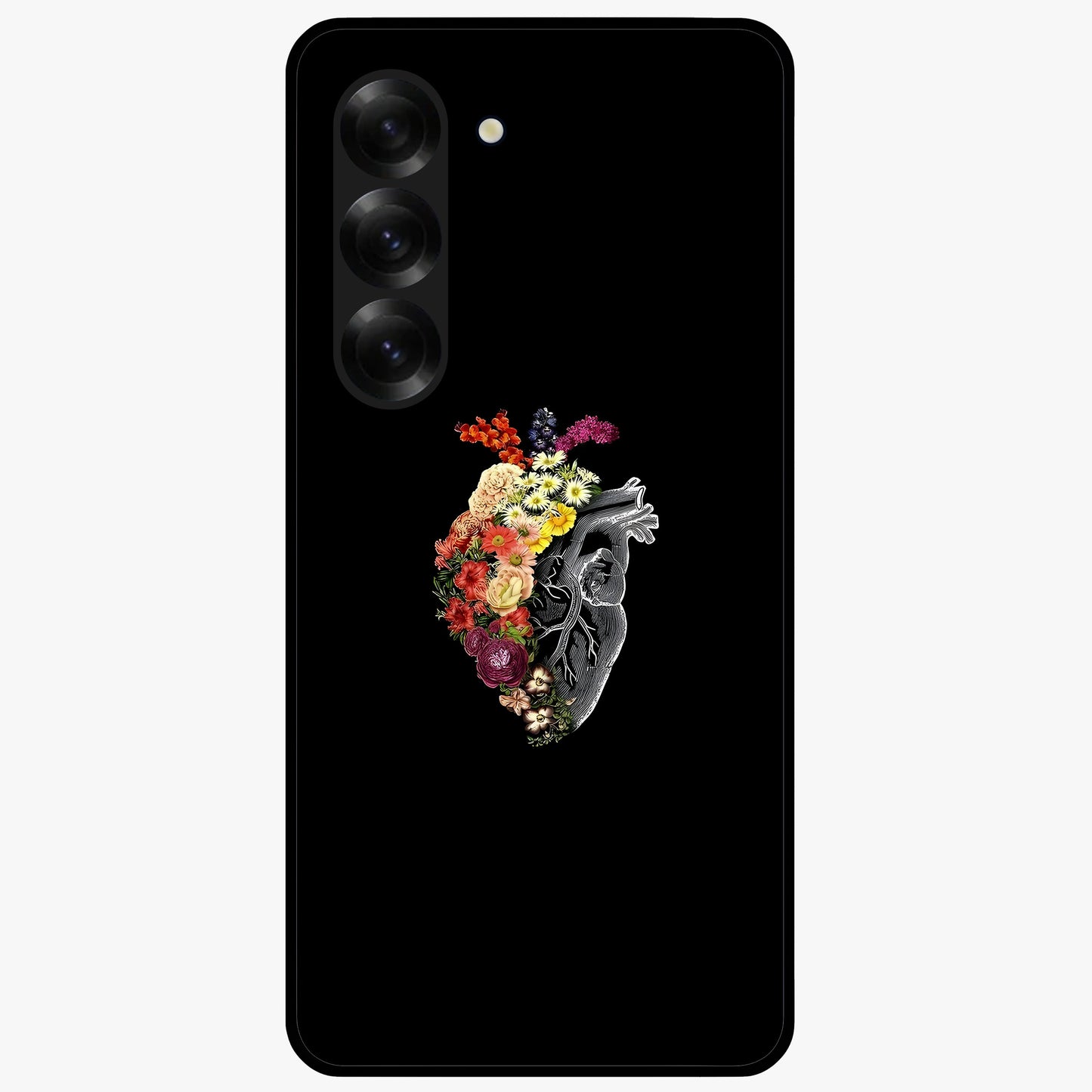 Heart With Flowers Glass Case showing flat back view with heart shaped floral artwork and glossy glass finish.