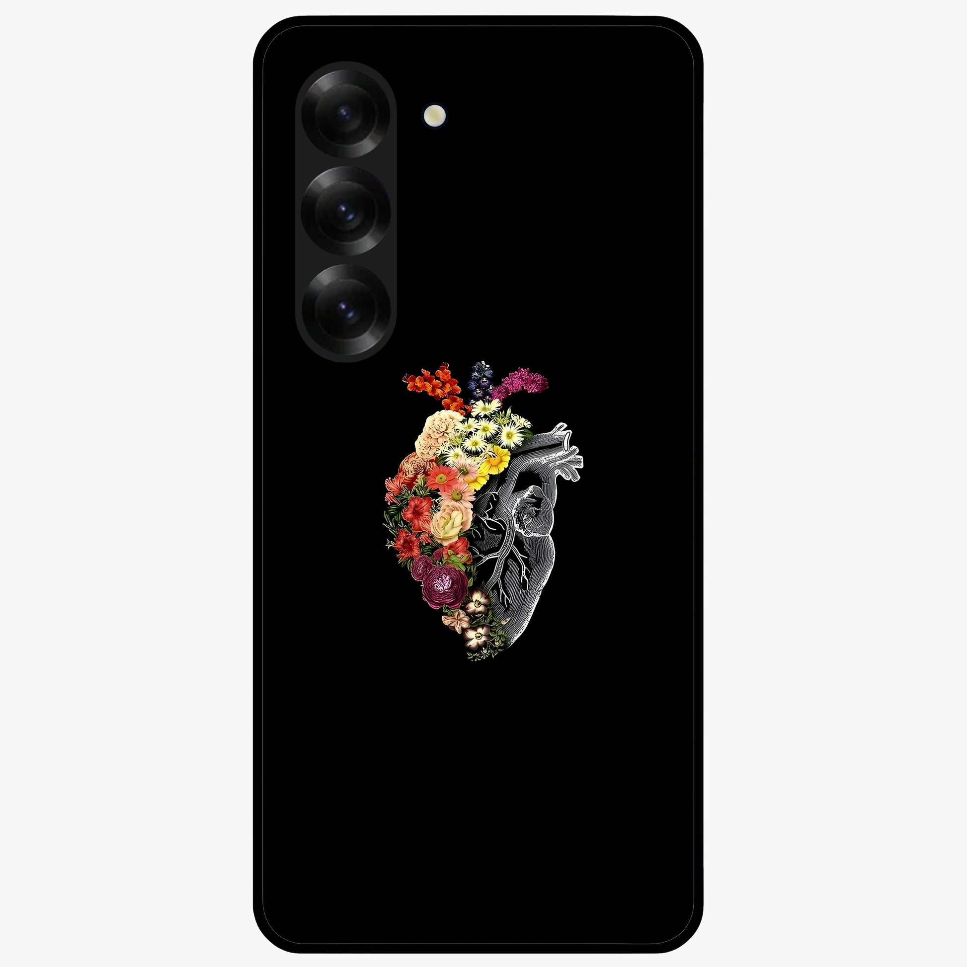 Heart With Flowers Glass Case showing flat back view with heart shaped floral artwork and glossy glass finish.